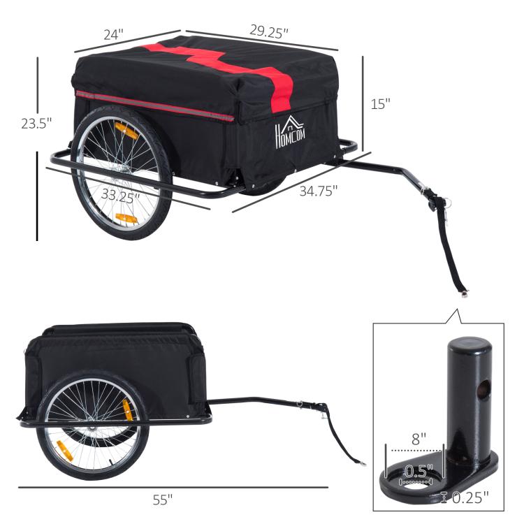 Bicycle cargo trailer with black cover and red stripe, side view with hitch