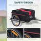 Bicycle cargo trailer with red stripe, black cover, and wheel reflectors