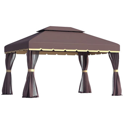 Coffee-brown outdoor gazebo canopy with double roof and hanging side curtains