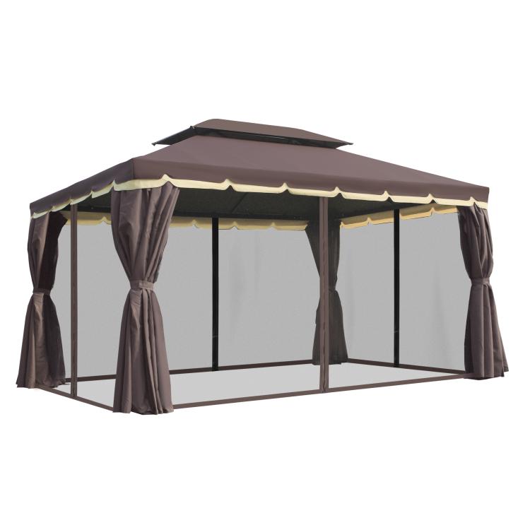 Outdoor gazebo canopy with double roof, open mesh sides, and gathered curtain panels
