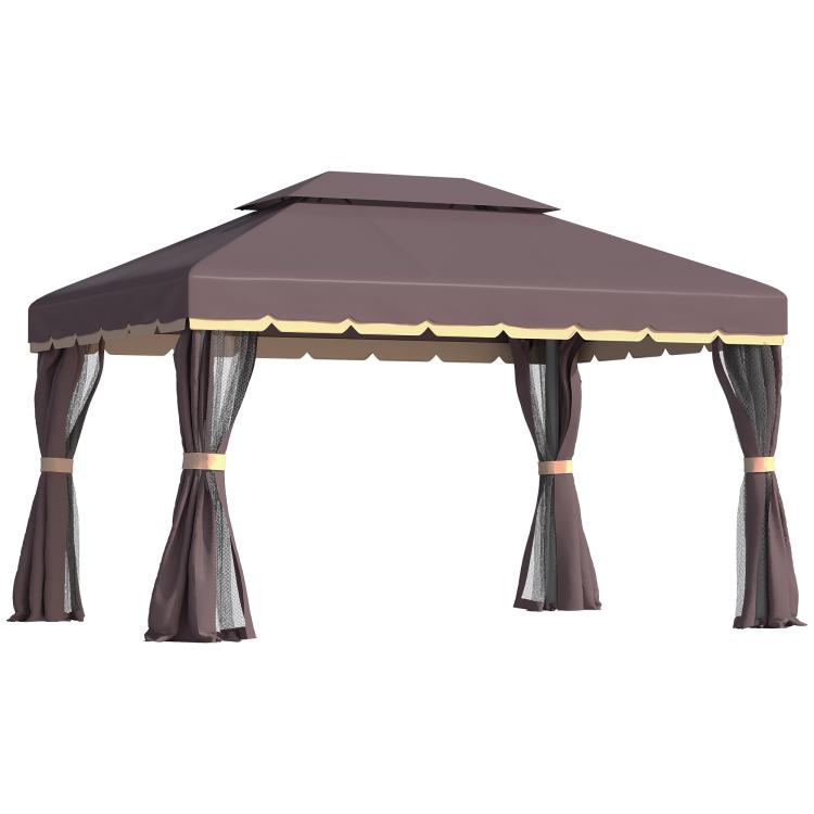 Coffee-brown outdoor gazebo with peaked canopy, scalloped valance, and hanging curtains