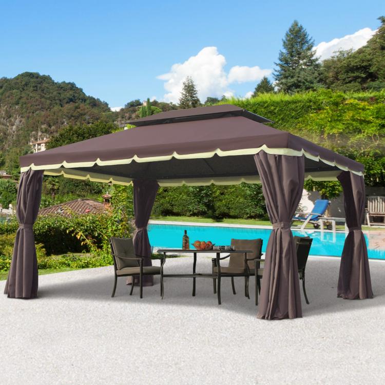 Patio gazebo canopy with double roof and dark curtains forming an enclosed shelter