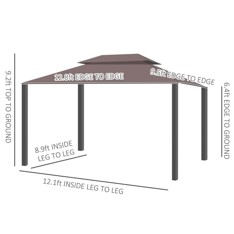 Patio gazebo size diagram: 12.8 ft edge-to-edge, 9.5 ft, and 8.9 ft inside height