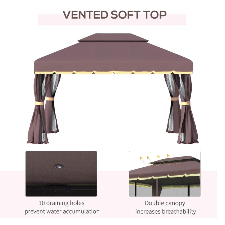 Outdoor gazebo with vented soft top, double canopy, and hanging curtain sides