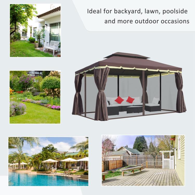 Patio gazebo canopy with dark curtains and scalloped valance trim across the roof