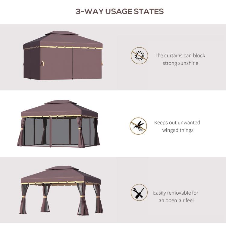 Outdoor gazebo with removable curtains for partial open use in different conditions