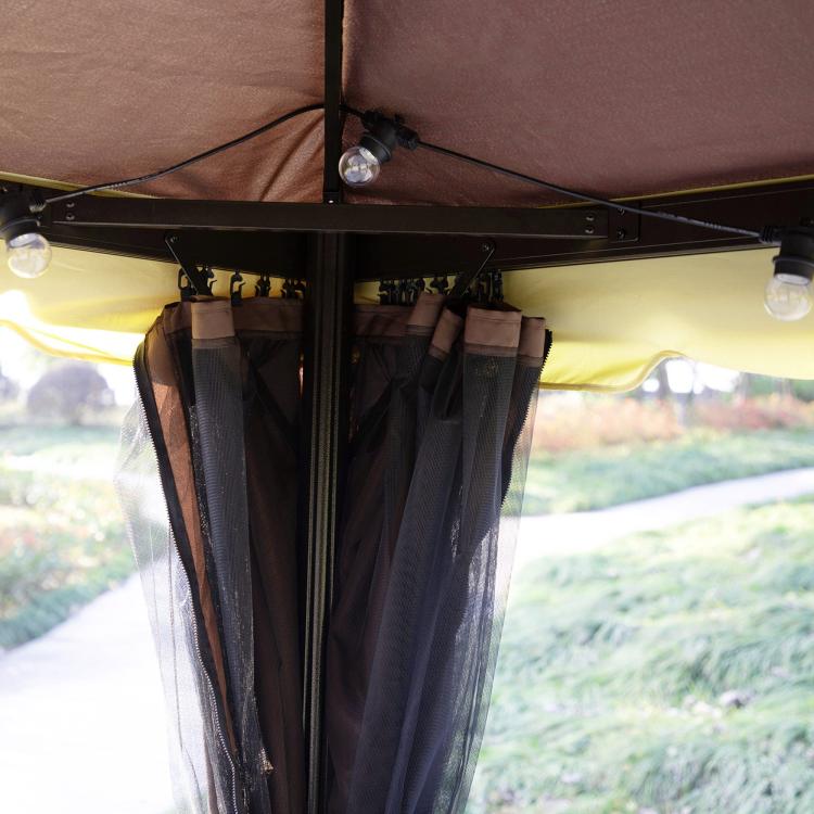 Gazebo canopy ceiling with lights and dark curtain panels, secured to the frame