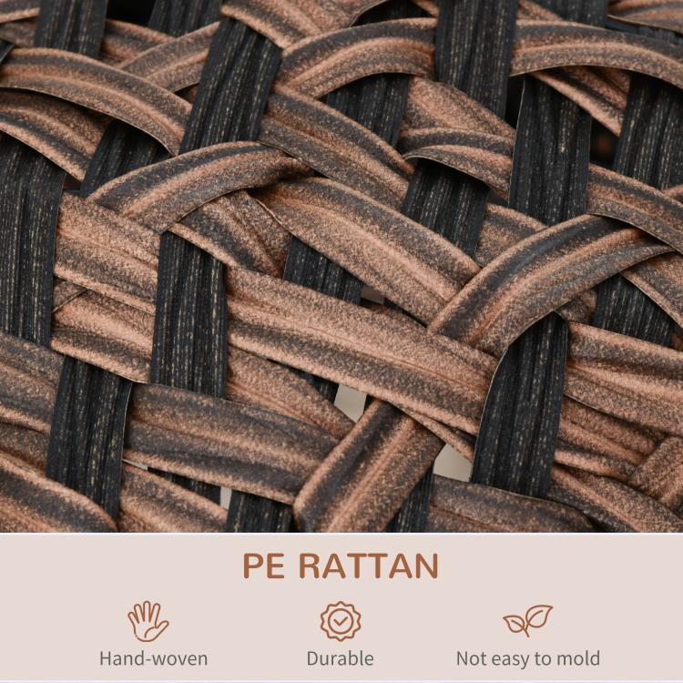 Close-up of hand-woven dark and tan rattan-style strands forming the cat bed frame