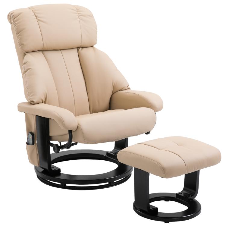 Beige faux leather recliner chair with matching ottoman and round swivel base