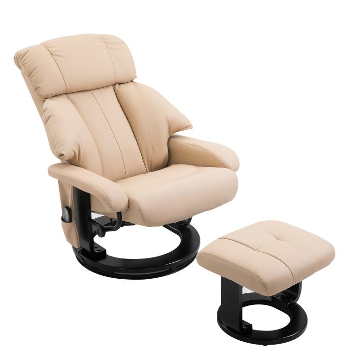 Beige faux leather recliner with ottoman footrest on black round swivel base