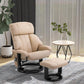 Beige recliner chair with cushioned headrest and matching ottoman on swivel base