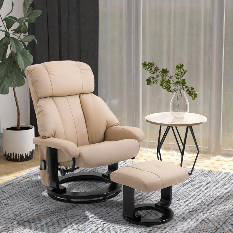 Beige recliner chair with cushioned headrest and matching ottoman on swivel base