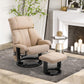 Beige faux leather recliner with padded armrests and matching ottoman
