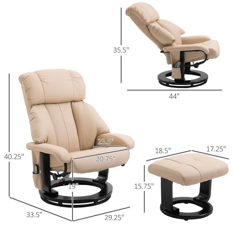 Beige recliner chair with ottoman, showing size diagram and swivel base