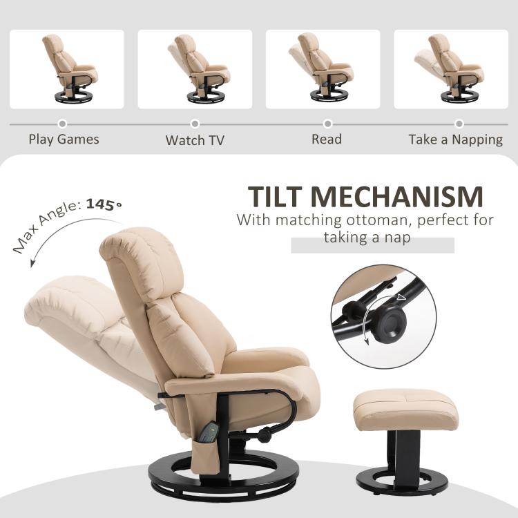 Beige recliner chair in tilted positions with matching ottoman footrest
