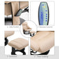 Beige recliner chair details: side pocket, thick padding, and remote control diagram