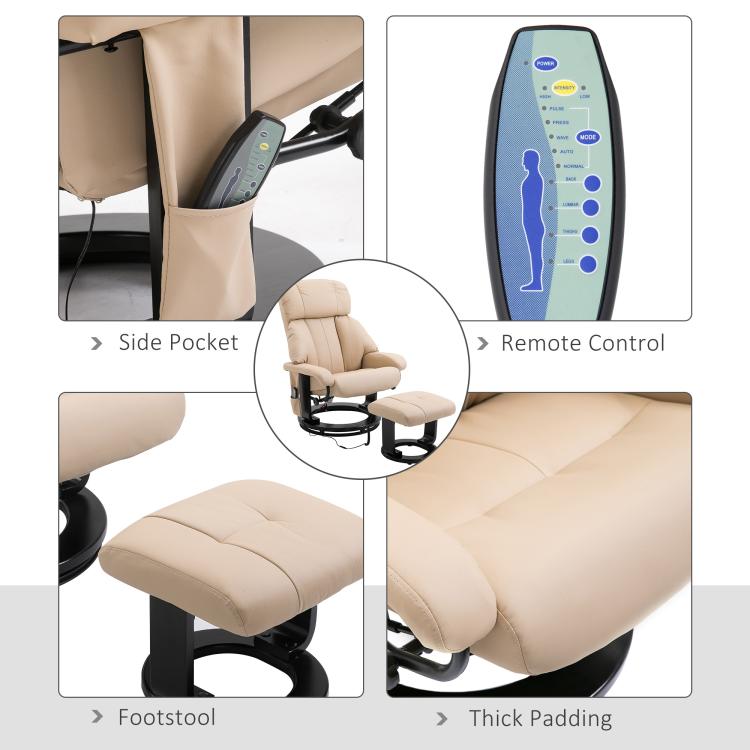 Beige recliner chair details: side pocket, thick padding, and remote control diagram
