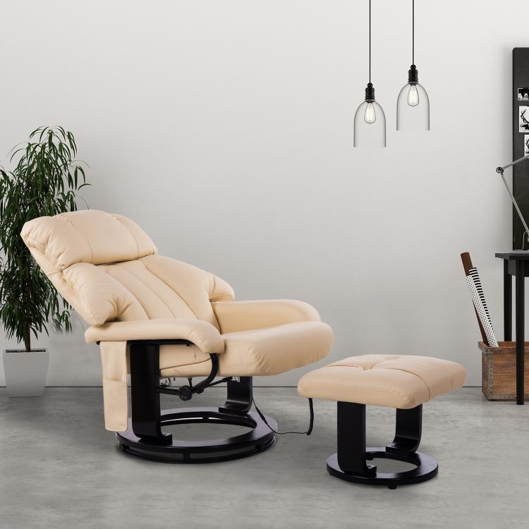 Beige recliner with ottoman footrest on black round swivel base in a living room