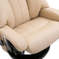 Beige recliner seat and armrest detail with black base and circular swivel support