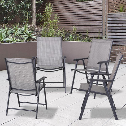 Outdoor folding patio chairs, gray mesh back and seat with black armrests and metal frame