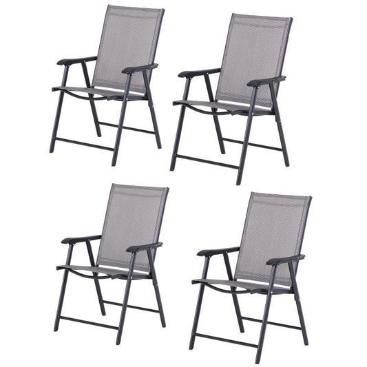 Set of 4 folding patio chairs with gray mesh backs, black metal frame, and armrests