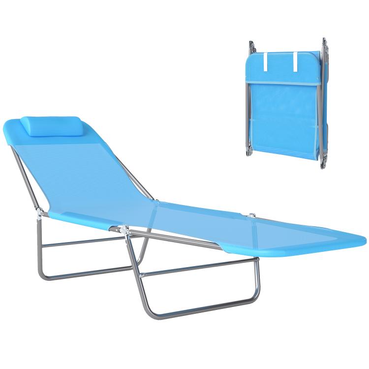 Blue folding chaise lounge chair with pillow, reclining back, and steel frame