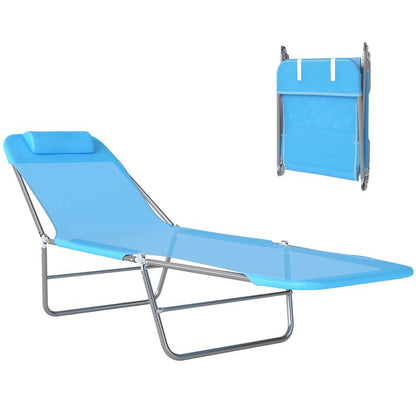 Blue folding chaise lounge chair with pillow, reclining back, and steel frame
