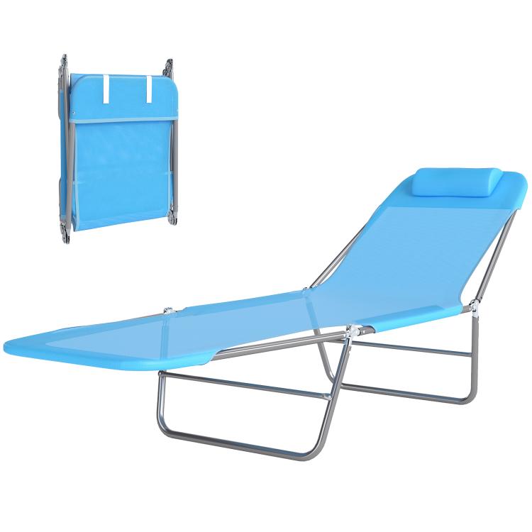 Blue folding chaise lounge chair with pillow and reclining back on steel legs