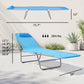 Blue folding chaise lounge chair with pillow, reclining back, and steel frame measurements