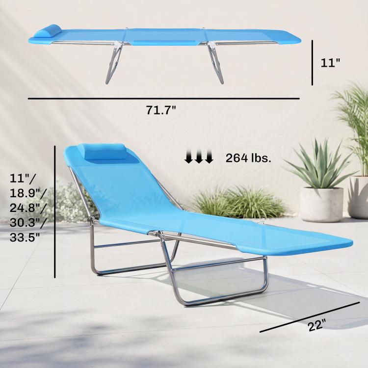 Blue folding chaise lounge chair with pillow, reclining back, and steel frame measurements