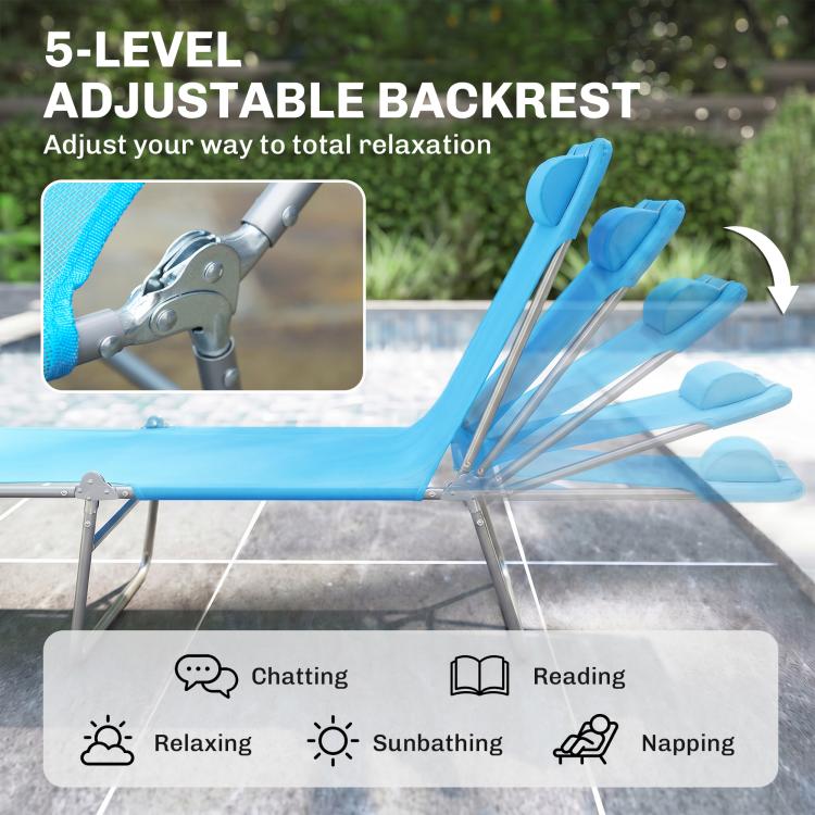 Blue chaise lounge chair with adjustable multi-position reclining back and steel frame