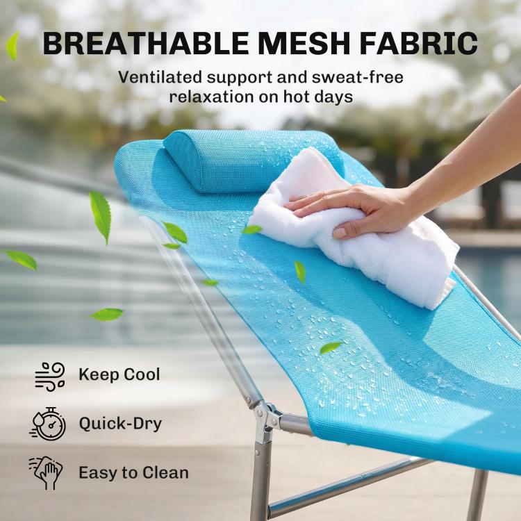 Blue breathable mesh chaise lounge chair with pillow on a steel frame