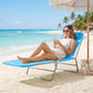 Blue folding chaise lounge chair with pillow and reclining back on a steel frame