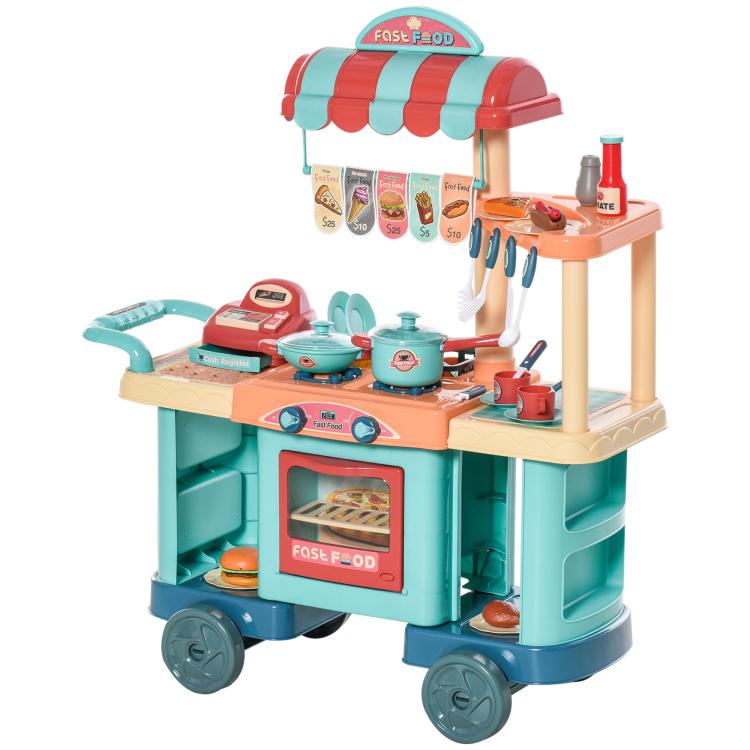 Kids play kitchen food stand cart with side counter, cookware set, and cashier register