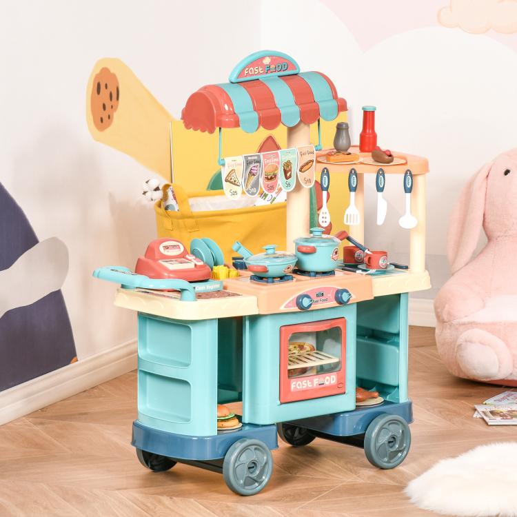 Kids play kitchen food stand cart with countertop accessories, oven window, and wheels