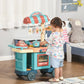 Kids play kitchen food stand cart with oven window and play utensils, shown with a child