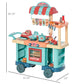 Kids play kitchen food stand cart with dimensions: 35.75 in tall, 31.25 in wide