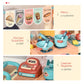 Play kitchen food stand cart with illustrated closeups of cookware, register, and accessories