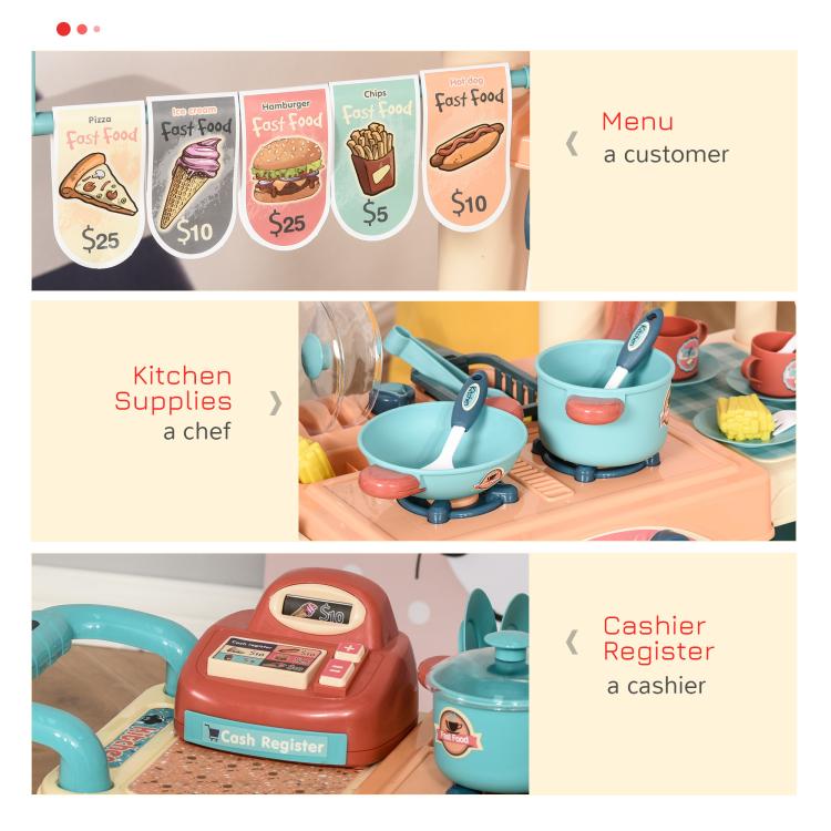 Play kitchen food stand cart with illustrated closeups of cookware, register, and accessories
