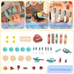 Kids play kitchen accessory set for food stand, including utensils, cookware, and food pieces
