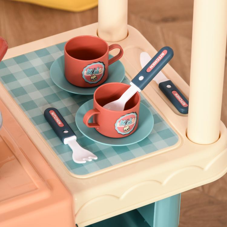 Kids play kitchen food stand tray with two cups and matching spoon and fork utensils