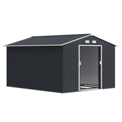 Dark gray metal outdoor storage shed with double lockable door and sloped roof