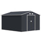 Dark gray metal outdoor storage shed with front door opening and sloped roof