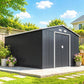 Dark gray metal outdoor storage shed with double lockable doors and gable roof