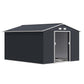 Dark gray metal storage shed with double doors and sloped roof, front view