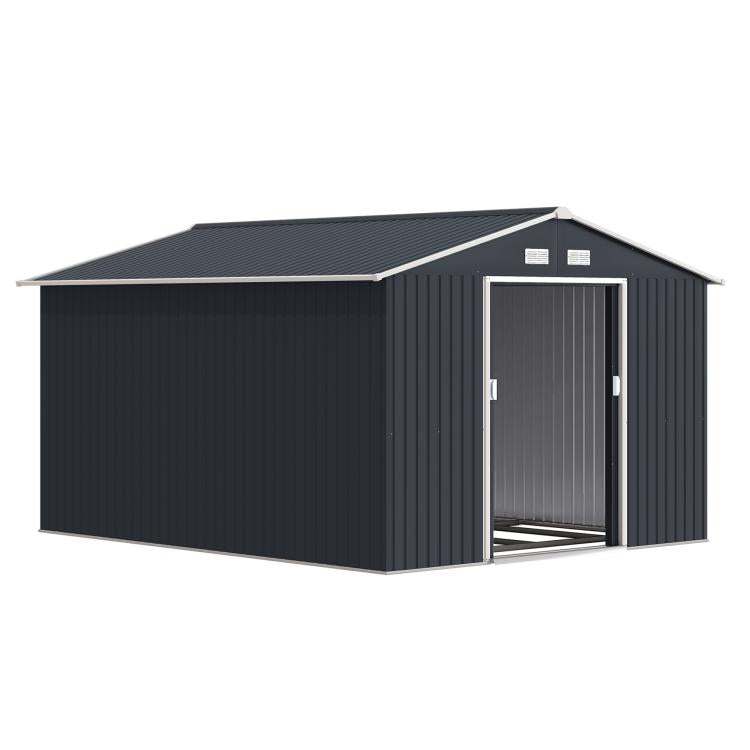 Dark gray metal storage shed with double doors and sloped roof, front view