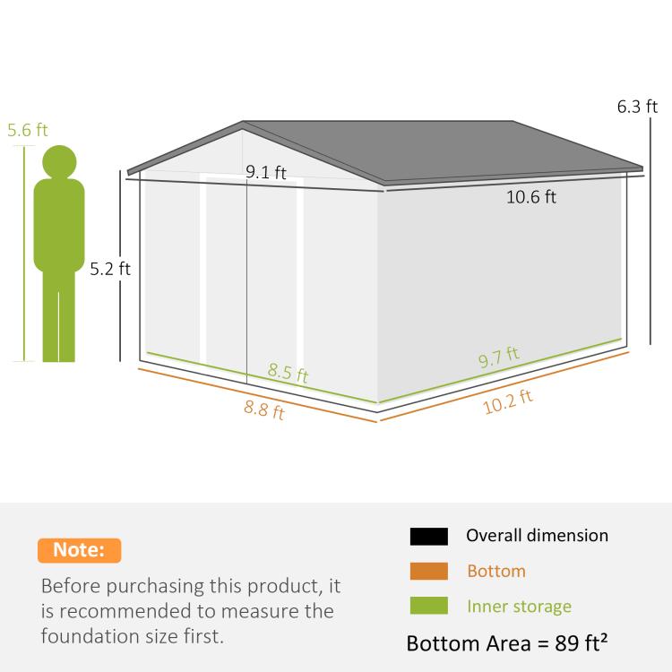 Outdoor storage shed size diagram with labeled dimensions and footprint areas