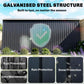 Galvanized steel shed with protective coating icons for rust, rain, and snow
