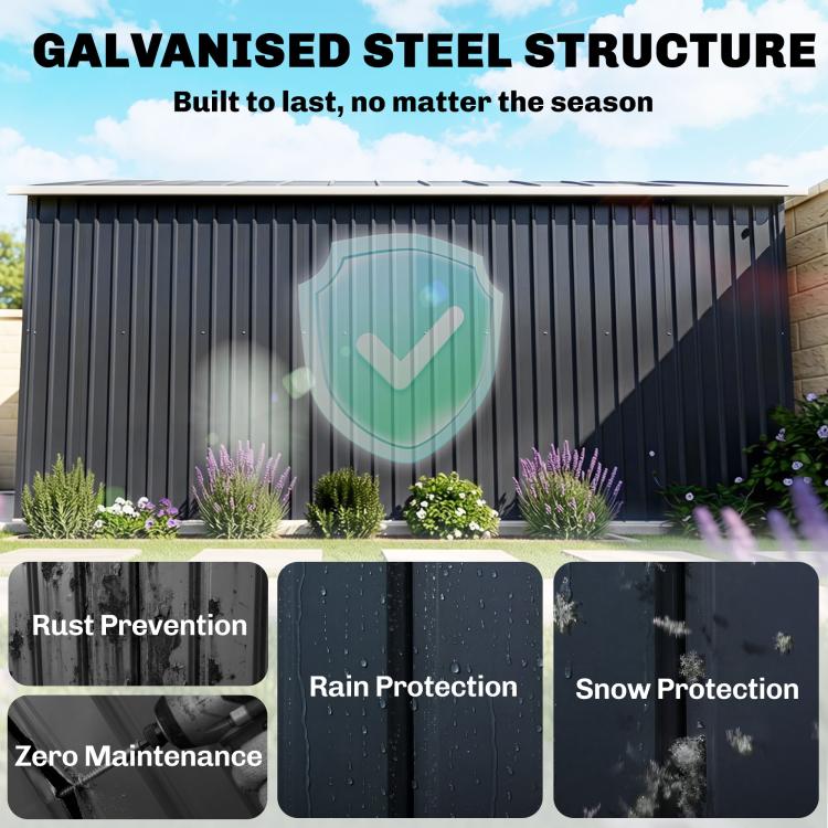 Galvanized steel shed with protective coating icons for rust, rain, and snow