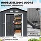 Metal shed with double sliding doors and small ramp illustration for wheeled items